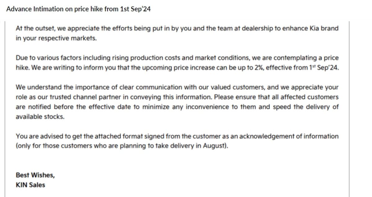 kia price hike KIA Set to Increase Car Price From 1st September. Dealerships Notified in Advance.