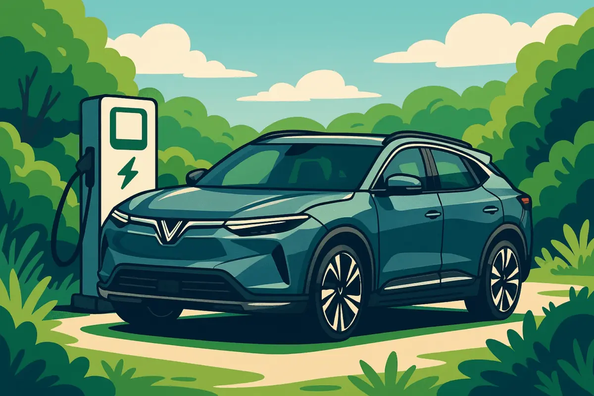 Futuristic electric SUV charging at a green station with hill background