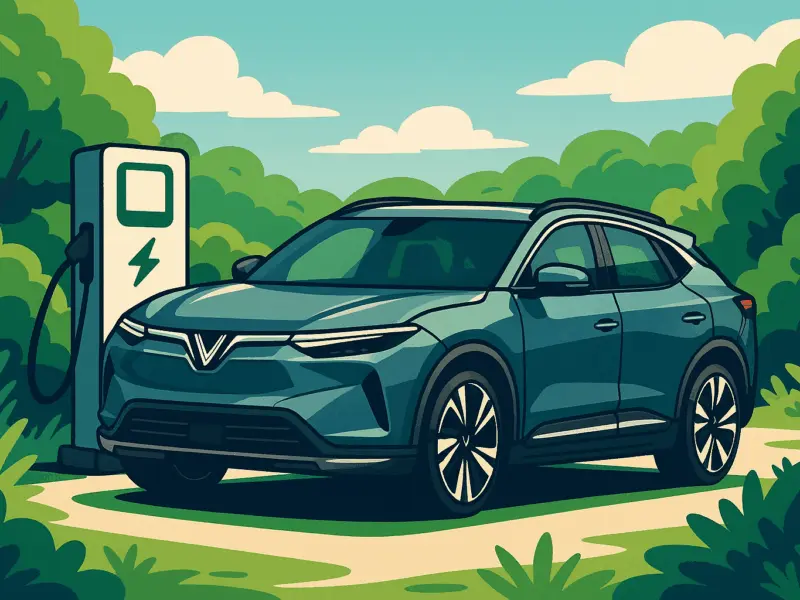 Futuristic electric SUV charging at a green station with hill background