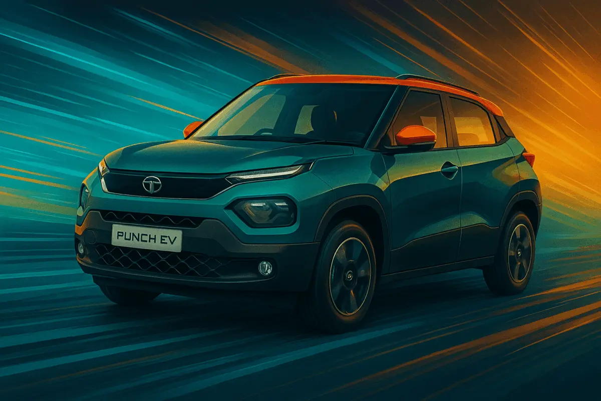 Illustration of a sleek compact SUV with blue lighting on a city street