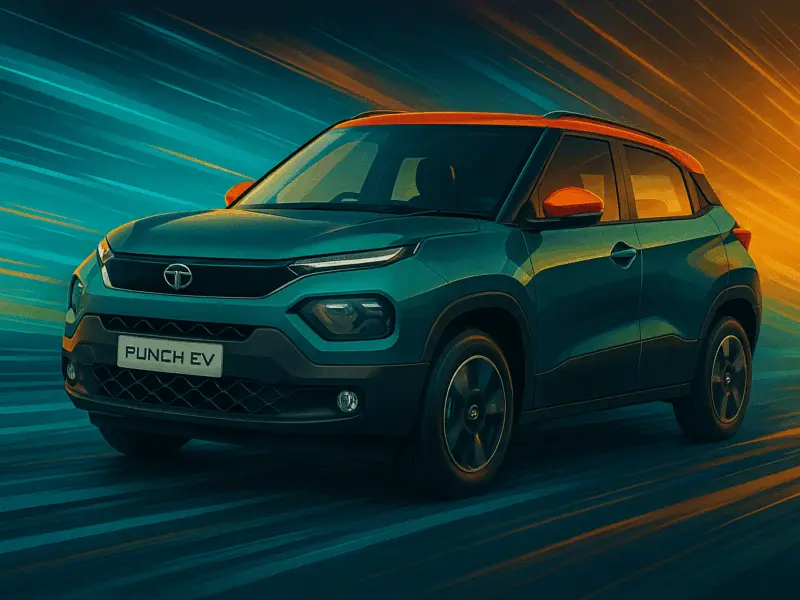 Illustration of a sleek compact SUV with blue lighting on a city street