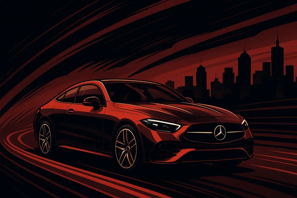 Illustration of a red sports coupe speeding through a futuristic cityscape