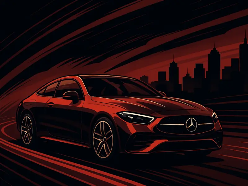 Illustration of a red sports coupe speeding through a futuristic cityscape