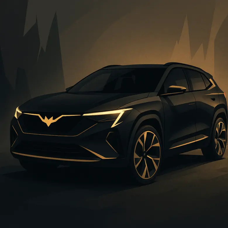 Abstract illustration of a dark electric SUV with golden batman accents