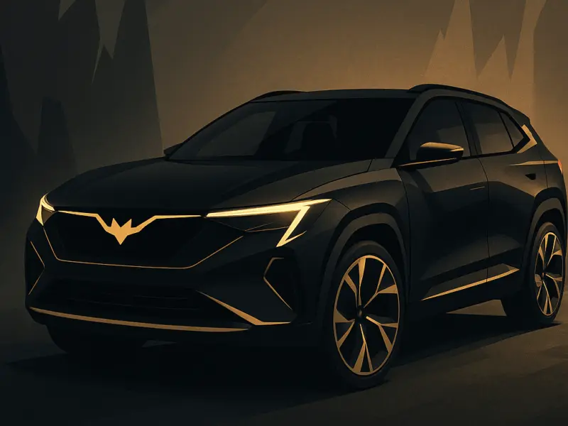 Abstract illustration of a dark electric SUV with golden batman accents