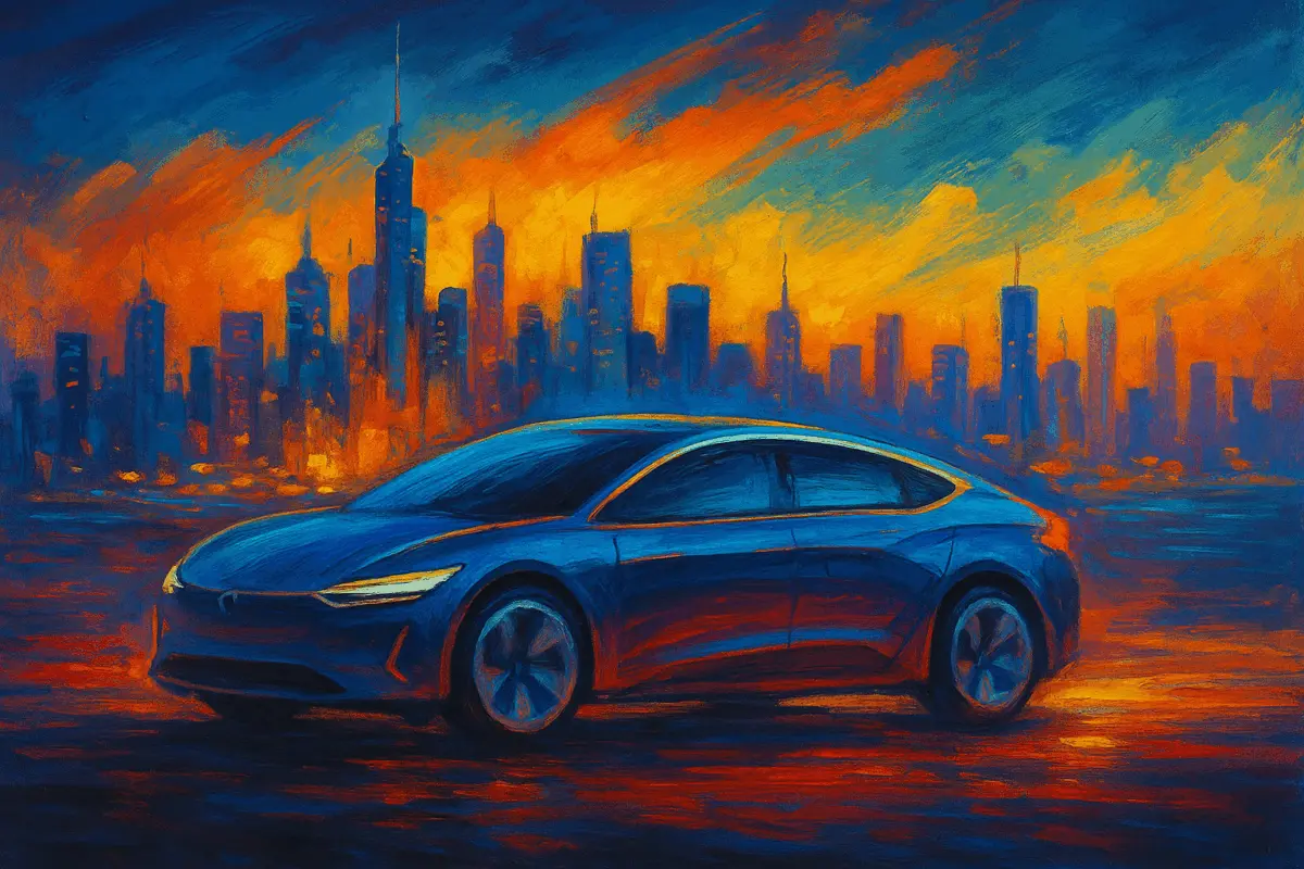 Abstract illustration of a futuristic electric car silhouette against a city skyline