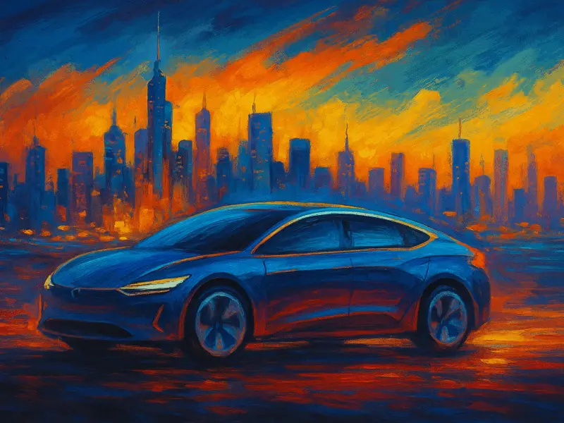 Abstract illustration of a futuristic electric car silhouette against a city skyline
