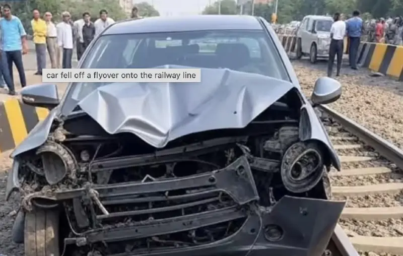 Severe Accident in Bawana, Delhi: Car Crashes off Flyover, Disrupts Railway Services for Over an Hour