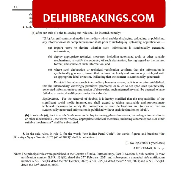 delhibreakings centre notifies it amendment rules 2026 for ai and deepfakes Centre notifies new IT Rules for AI and Deepfakes, 3 hour deadline to remove content