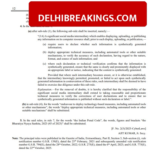 delhibreakings centre notifies it amendment rules 2026 for ai and deepfakes Centre notifies new IT Rules for AI and Deepfakes, 3 hour deadline to remove content