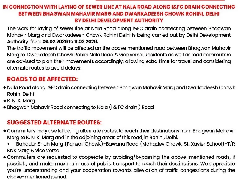 delhibreakings delhi traffic advisory rohini sewer work routes diverted Delhi Traffic Update: Rohini Routes Diverted for 1 Month, Check New Plan Before Commuting