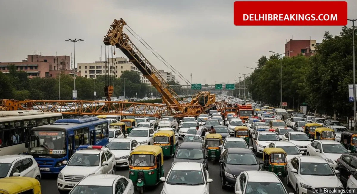 delhibreakings delhi traffic alert mb road blocked dmrc crane overturns batra hospital Delhi Traffic Alert: MB Road Blocked Near Batra Hospital, DMRC Crane Overturns causing Heavy Jam