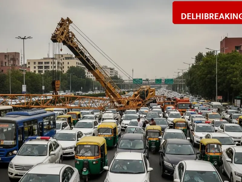 delhibreakings delhi traffic alert mb road blocked dmrc crane overturns batra hospital Delhi Traffic Alert: MB Road Blocked Near Batra Hospital, DMRC Crane Overturns causing Heavy Jam