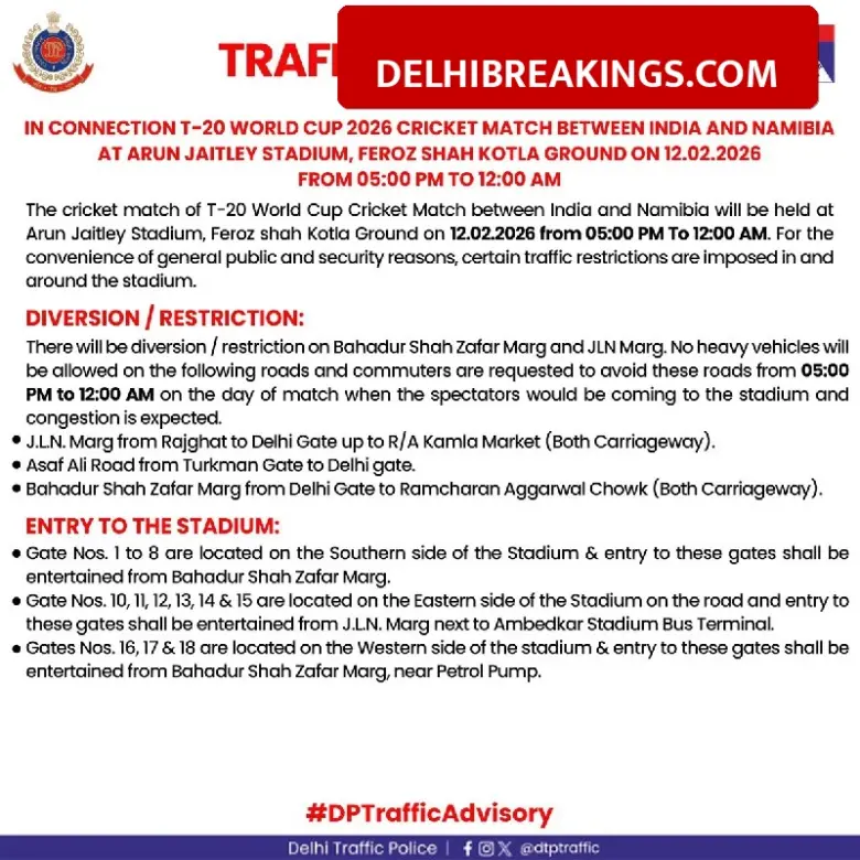 delhibreakings india vs namibia t20 world cup delhi traffic advisory roads closed India vs Namibia T20 World Cup: Delhi Traffic Police Issues Advisory, Several Roads to Remain Closed Today