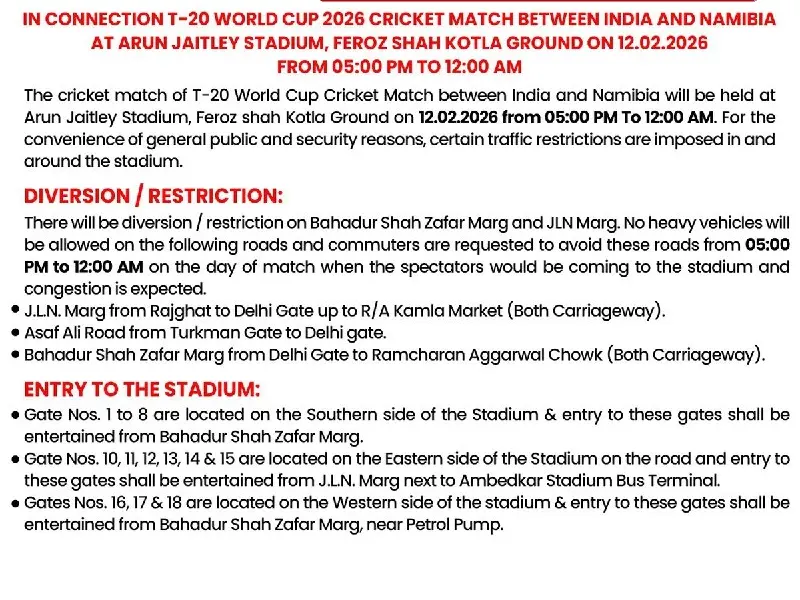 delhibreakings india vs namibia t20 world cup delhi traffic advisory roads closed India vs Namibia T20 World Cup: Delhi Traffic Police Issues Advisory, Several Roads to Remain Closed Today