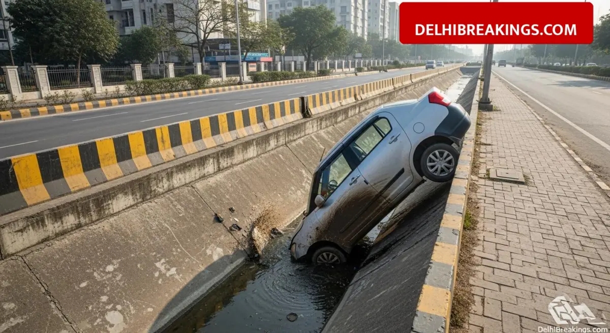 delhibreakings noida sector 70 car accident drain fall police update Noida Sector 70 Accident: Car loses control and falls into drain, Police confirms everyone safe
