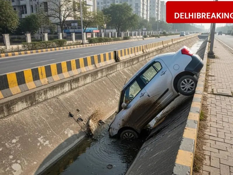 delhibreakings noida sector 70 car accident drain fall police update Noida Sector 70 Accident: Car loses control and falls into drain, Police confirms everyone safe