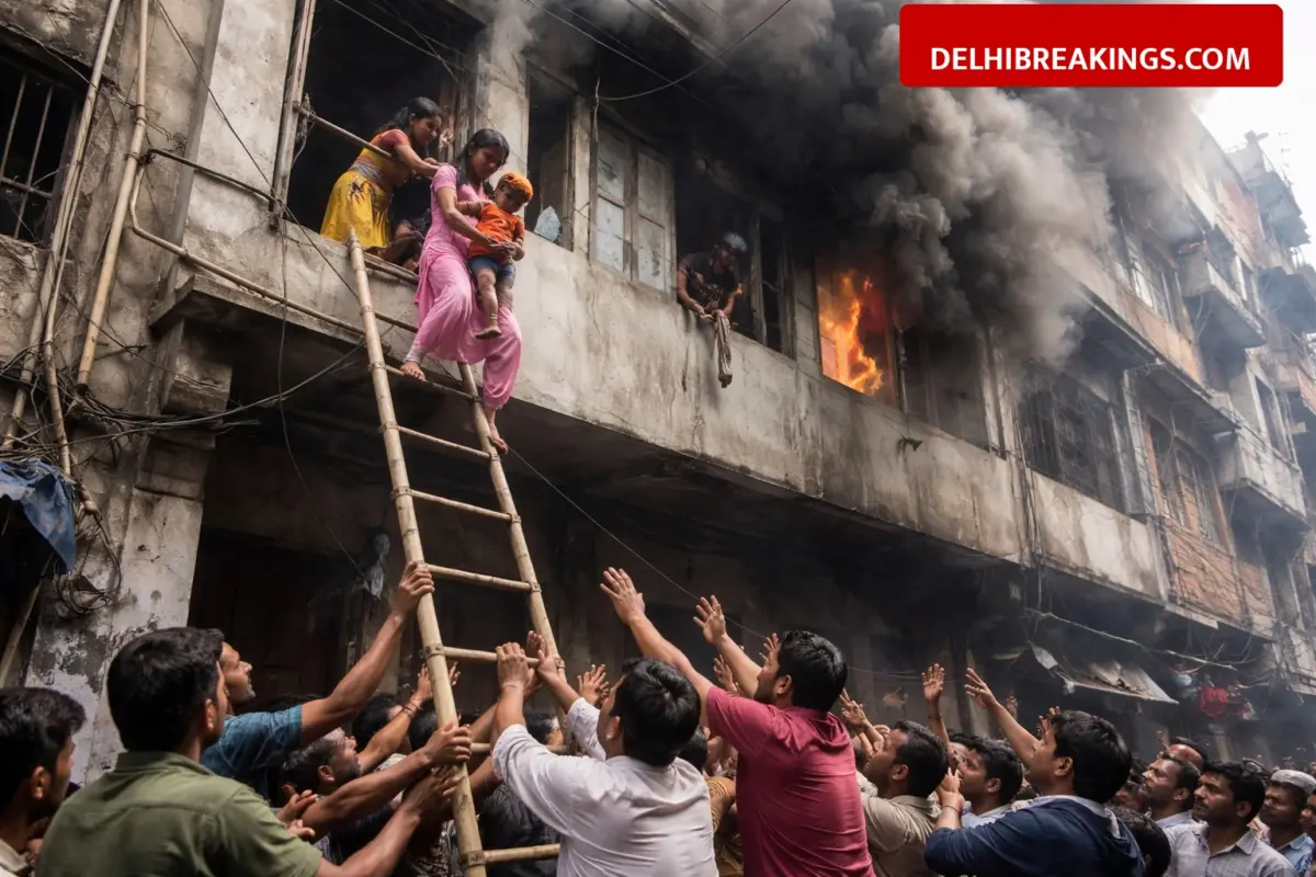 delhibreakings delhi fire chand bagh building rescue women child jump Delhi Fire: Three Women and Child Jump from 5th Floor to Escape Chand Bagh Building Fire, Saved by Neighbors