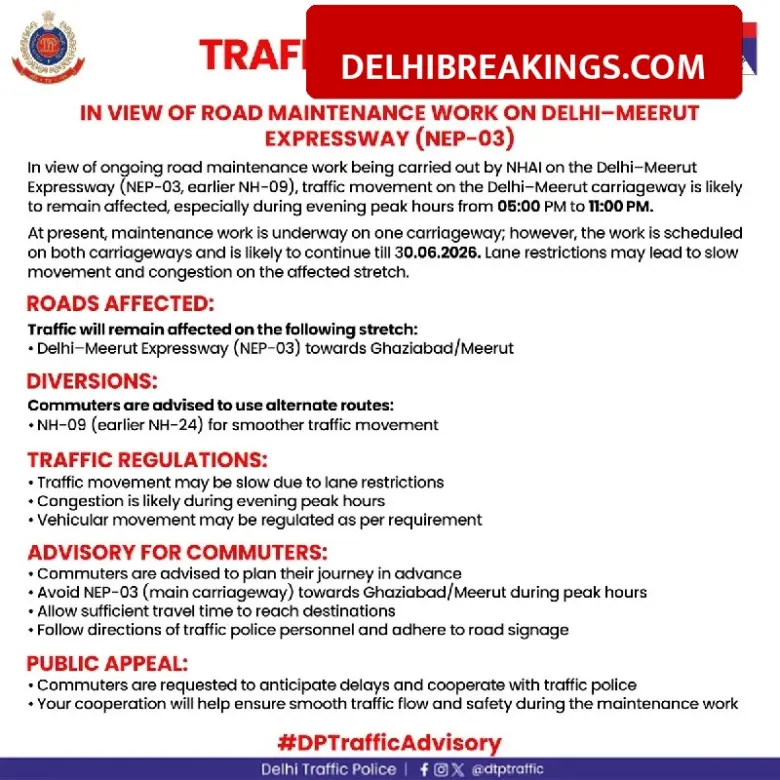 delhibreakings delhi meerut expressway traffic advisory road maintenance march 2026 Delhi-Meerut Expressway Traffic Advisory: Evening Peak Hours to See Delays Due to Maintenance