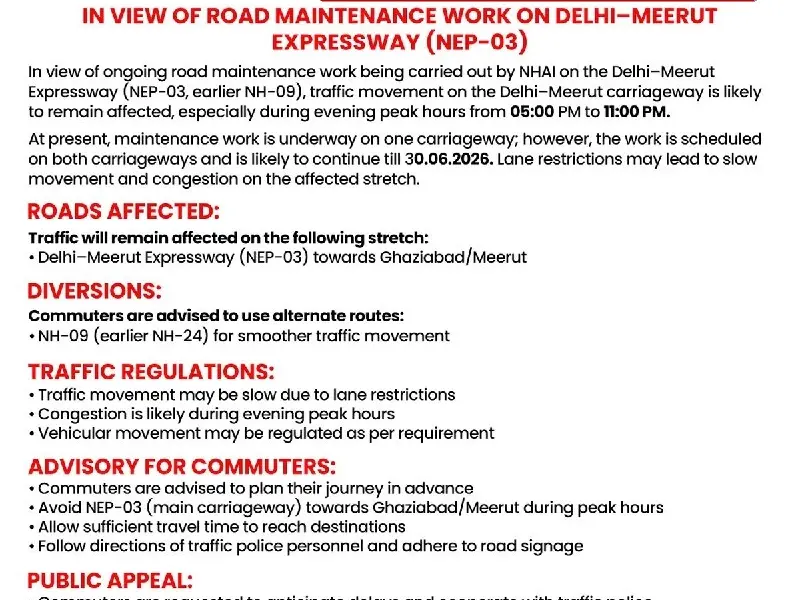 delhibreakings delhi meerut expressway traffic advisory road maintenance march 2026 Delhi-Meerut Expressway Traffic Advisory: Evening Peak Hours to See Delays Due to Maintenance