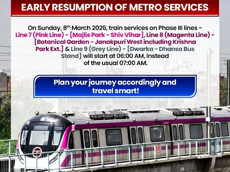 delhibreakings delhi metro timing change sunday march 8 phase 3 lines early start Delhi Metro Timing Change: Services on Phase-3 lines to start early this Sunday, Check new schedule