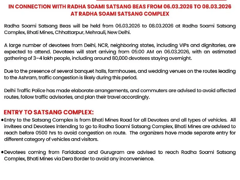 delhibreakings delhi traffic advisory radha soami satsang beas chhattarpur routes march 2026 Delhi Traffic Advisory: Heavy jam expected in South Delhi for 3 days, Check routes before leaving home