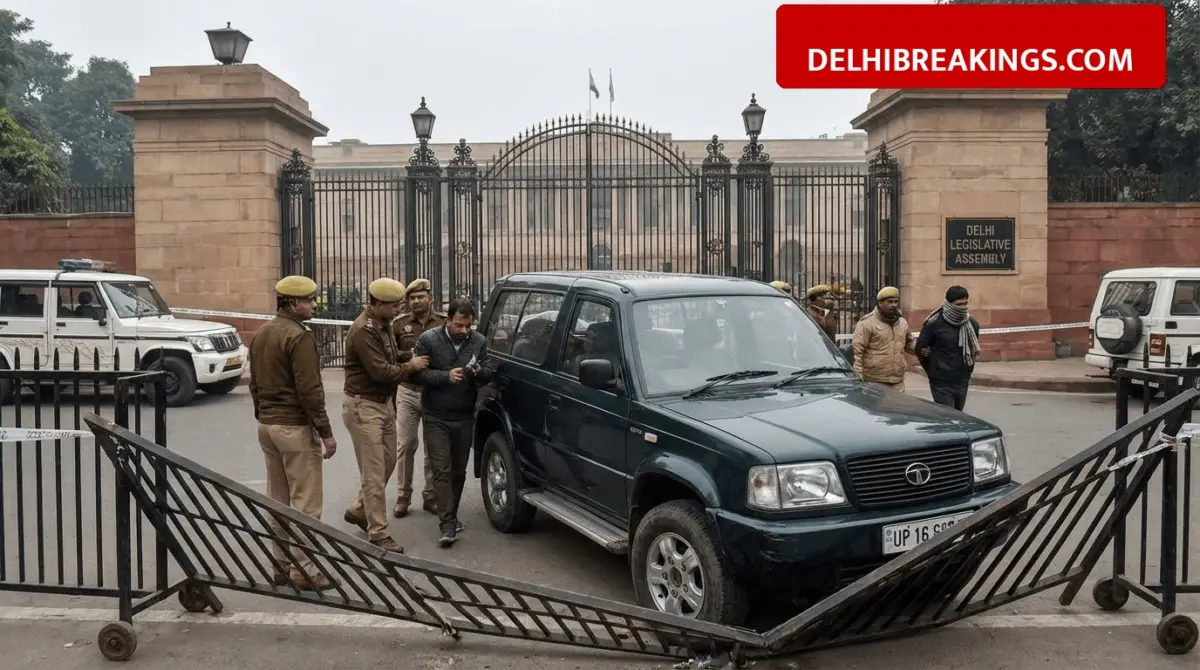 delhibreakings delhi assembly security breach car crash masked man arrested Delhi Assembly Security Breach: Masked Man Crashes UP Number Tata Sierra into Gates, Driver Arrested