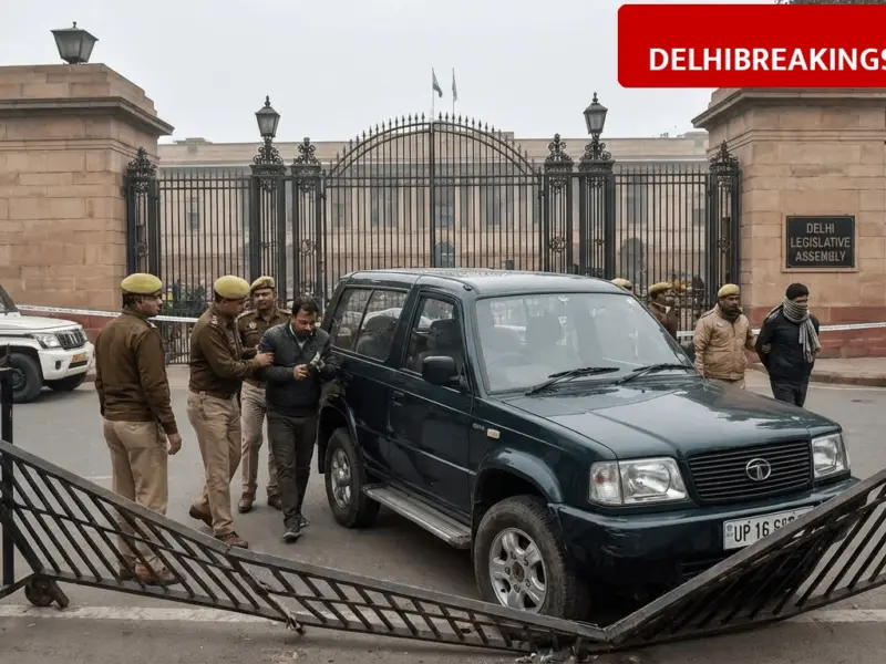 delhibreakings delhi assembly security breach car crash masked man arrested Delhi Assembly Security Breach: Masked Man Crashes UP Number Tata Sierra into Gates, Driver Arrested