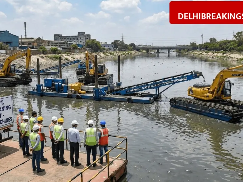 delhibreakings delhi govt high tech harvesters yamuna cleaning najafgarh drain Delhi Govt New Step: High-Tech Machines Deployed for Yamuna Cleaning at Najafgarh Drain