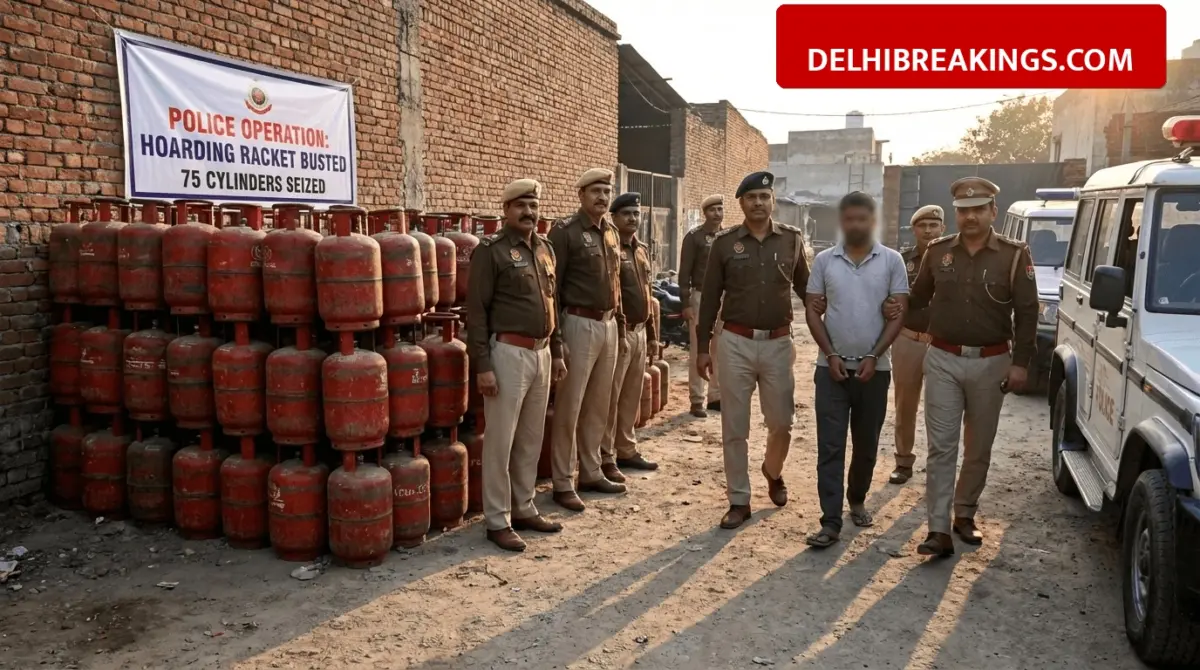 delhibreakings delhi police busts lpg hoarding racket in bawana 75 cylinders seized Bawana LPG Hoarding Racket Busted: Delhi Police Seize 75 Cylinders and Arrest One Man