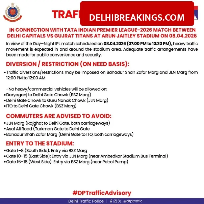 delhibreakings delhi police traffic advisory ipl 2026 arun jaitley stadium IPL 2026 Delhi Capitals vs Gujarat Titans Match: Delhi Police Releases Traffic Advisory for April 8