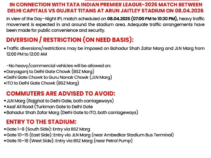 delhibreakings delhi police traffic advisory ipl 2026 arun jaitley stadium IPL 2026 Delhi Capitals vs Gujarat Titans Match: Delhi Police Releases Traffic Advisory for April 8