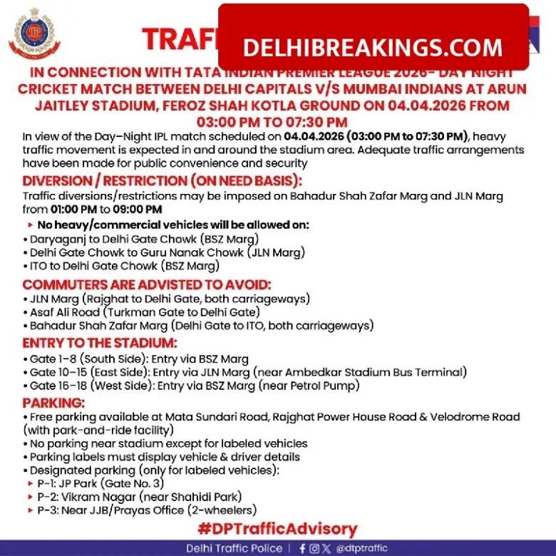 delhibreakings delhi traffic advisory ipl 2026 arun jaitley stadium april 4 IPL 2026: Delhi Traffic Advisory Issued for April 4 Match at Arun Jaitley Stadium, Check Affected Routes