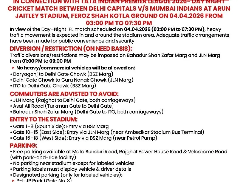 delhibreakings delhi traffic advisory ipl 2026 arun jaitley stadium april 4 IPL 2026: Delhi Traffic Advisory Issued for April 4 Match at Arun Jaitley Stadium, Check Affected Routes