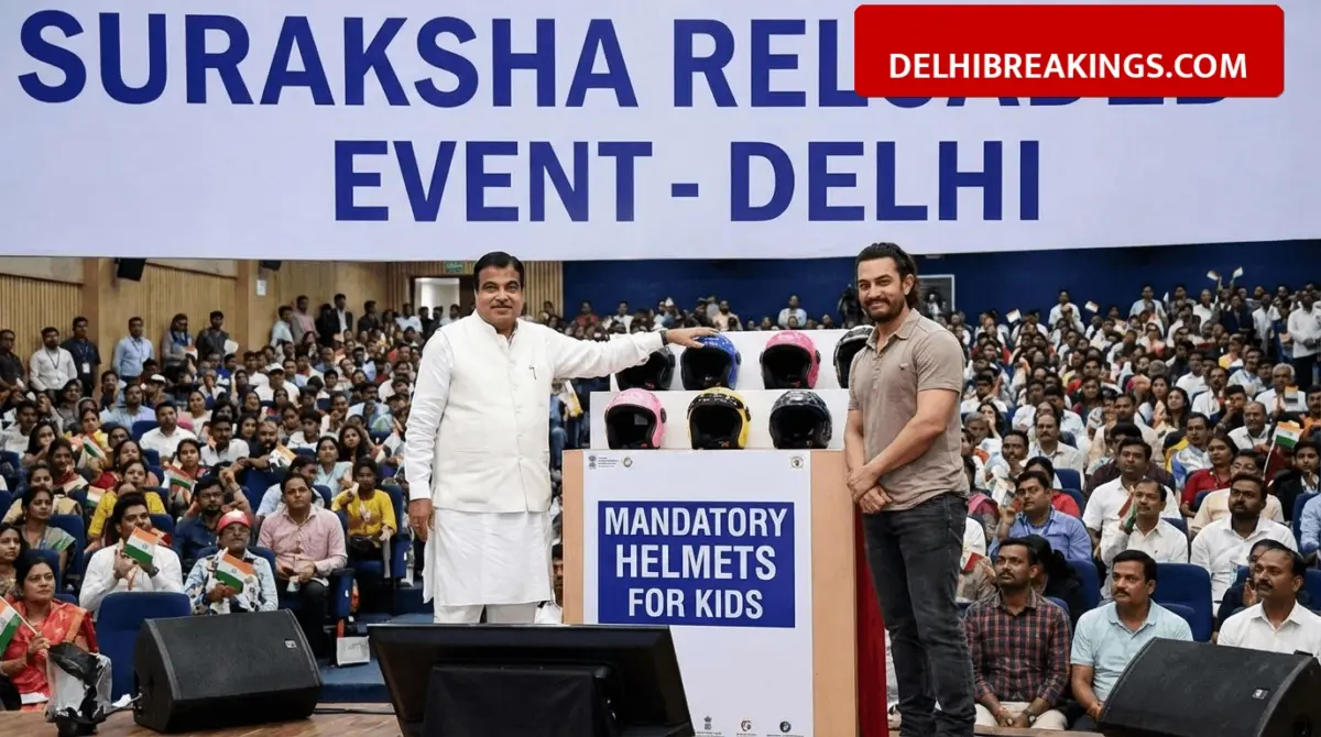 delhibreakings nitin gadkari aamir khan delhi road safety event suraksha reloaded Nitin Gadkari and Aamir Khan Join Suraksha Reloaded Event in Delhi, Union Minister Stresses on Mandatory Helmets for Kids